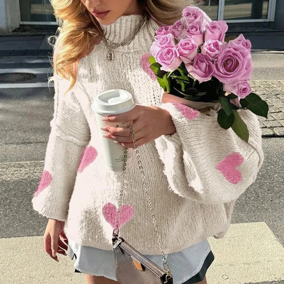 Beige Casual Women's Heart Pattern Drop Shoulder Oversize Lantern Sleeve Sweater - Picture 5 of 6